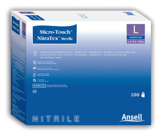 Box of Micro-Touch® 640517_CS, Nitrile Exam Glove, Large, Extended Cuff, Textured Fingertips,Blue on a white background