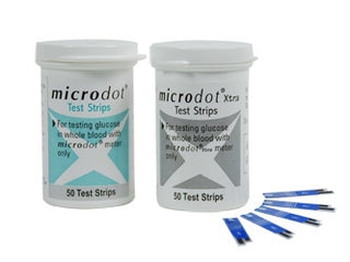 Two containers of Microdot® 843655_CS Blood Glucose Test Strips 50 Strips per Pack with additional strips on a white background