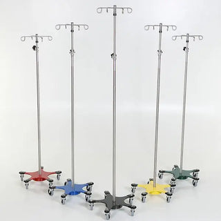 Set of five IV MidCentral Chrome 5-leg Space Saving IV Pole with colorful wheels on a white background