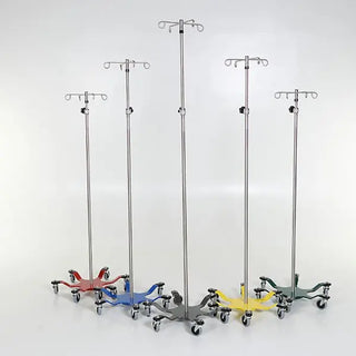 Set of five MidCentral Chrome 6-leg spider IV Pole stands with colorful carts on a white background