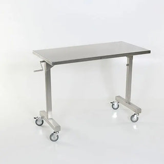 Stainless steel MidCentral Height Adjustable Table with wheels on a white background