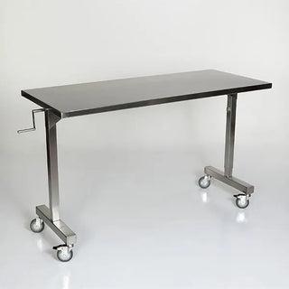 Stainless steel MidCentral Height Adjustable Table with wheels on a white background