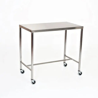 Stainless steel MidCentral Instrument/Back Tables with H-Brace with wheels on a white background