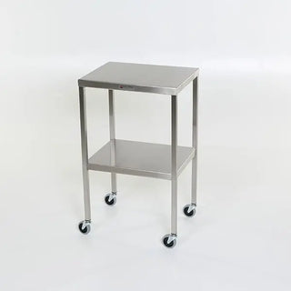 Stainless steel MidCentral Instrument-Back Tables with Shelf with wheels on a white background
