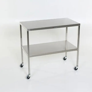 Stainless steel MidCentral Instrument-Back Tables with Shelf with wheels on a white background