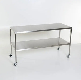 Stainless steel MidCentral Instrument-Back Tables with Shelf with wheels on a white background