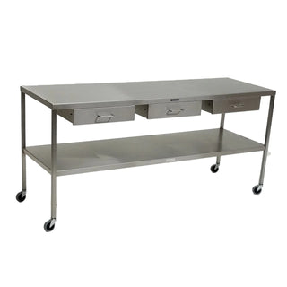 Stainless steel MidCentral Instrument-Back Table with Drawers and an under-shelf on a white background