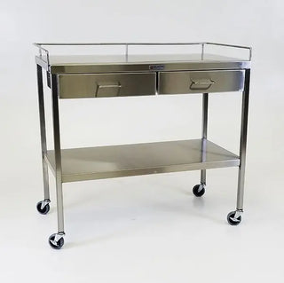 Stainless steel medical MidCentral Larger Utility-Prep Tables with two drawers and a shelf on wheels against a white background