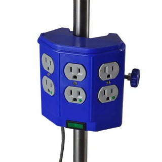 Blue electrical outlet box with multiple sockets on a white background