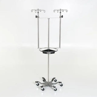 Medical MidCentral MCM-286 Double IV Pole with Steering Wheel and Tray stand with two hanging baskets on a white background