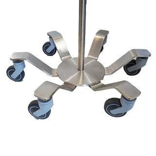 MidCentral Stainless Steel Base 6-leg IV Pole stand with multiple wheels on a white background