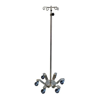 Medical MidCentral Stainless Steel Base 6-leg IV Pole stand with multiple hooks on a white background