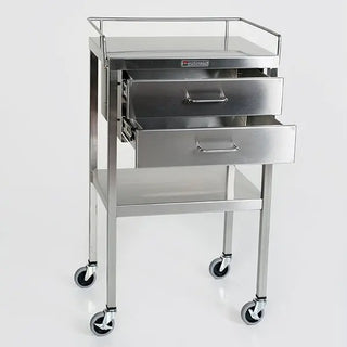 Stainless steel medical MidCentral Utility Table with 2 drawers on a white background