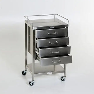 Stainless steel medical MidCentral Utility Table with four drawers on a white background