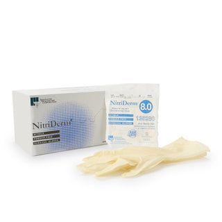 NitriDerm® 1162691_CS, Surgical Glove, Size 8, Nitrile, Standard, Textured, White, Chemo Tested with packaging on a white background
