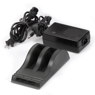 O2 Concepts 800-1024 external desktop battery charger with dual charging bays and LED status indicators.