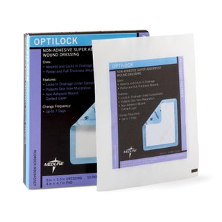 OptiLock® 816151_CS Super Absorbent Dressing  5 X 5-1/2 Inch Rectangle packaging on a white background