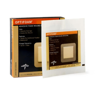 Optifoam® 768057_CS Foam Dressing 4-1/2 X 4-1/2 Inch With Border Film Backing Adhesive Square on a white background