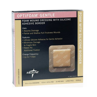  Optifoam® 897416_CS Foam Dressing Gentle 6 X 6 Inch With Border Film Backing Silicone Sterile packaging on a white background