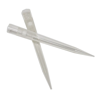 Two clear plastic Oxford 1000uL LTS™ Compatible Pipette Tips on a white background