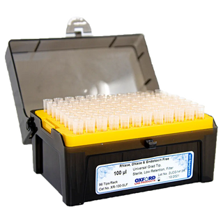 Container with multiple 100µL Universal BenchMate Pipette Tips labeled 'OXFORD' on a white background