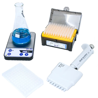 Laboratory equipment including a beaker with blue liquid, a digital scale, a box of Oxford 10µL Universal BenchMate Pipette Tips, and a pipette on a white background.