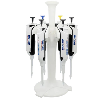 Set of six Accupet Single Channel L Pipette on a stand with Oxford branding.