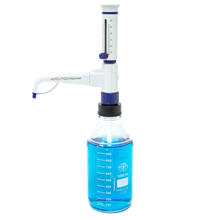 Bottle with a blue liquid and a Oxford Accutop Bottle Top Dispenser on a white background