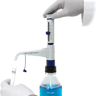 Oxford Accutop Bottle Top Dispenser being used to transfer blue liquid from a bottle into a test tube.