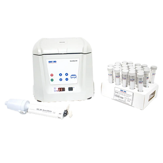 Lab equipment including a white Oxford BenchMate C6V Clinical Centrifuge with digital display, syringe, and test tubes on a white background