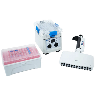 Laboratory equipment including a Oxford BenchMate SPM Micro Plate Shaker, pipette, and rack on a white background