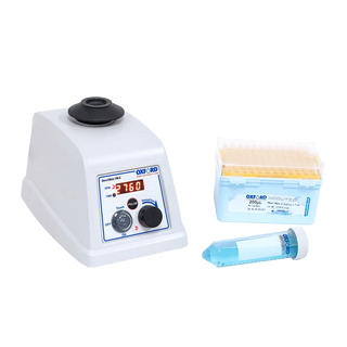 Laboratory equipment including a Oxford BenchMate VM-D Digital Vortex Mixer and sample containers on a white background