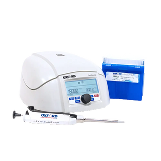 Oxford Benchmate C12V Microcentrifuge and Lab Products equipment including a digital device and syringe on a white background