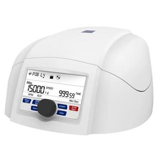 White laboratory Oxford Benchmate C12V Microcentrifuge with digital display on a white background