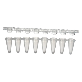 Set of clear plastic Oxford Lab Products OptiMate PCR/qPCR Strip Tubes with a holder on a white background