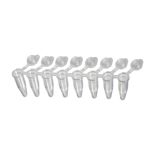 Set of clear plastic Oxford Lab Products OptiMate PCR/qPCR Strip Tubes with caps on a white background