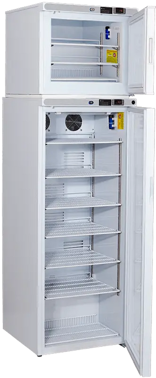 ABS PH-ABT-HC-RFC12 23.625" Upright Refrigerator/Freezer with open door showing interior shelves on a white background