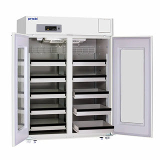 PHCbi swing glass door pharmaceutical refrigerator with dual-pane glass doors, LED display, forced-air cooling, and 1364L capacity