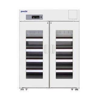 PHCbi swing glass door pharmaceutical refrigerator with dual-pane glass doors, LED display, forced-air cooling, and 1364L capacity