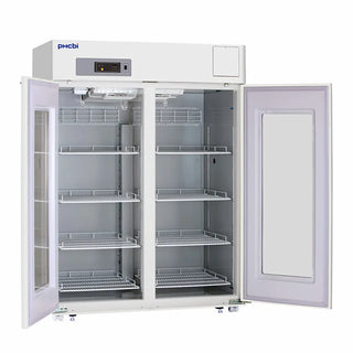 PHCbi swing glass door pharmaceutical refrigerator with dual-pane glass doors, LED display, forced-air cooling, and 1364L capacity