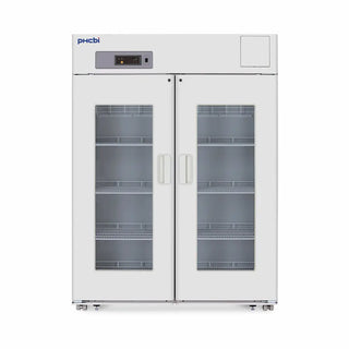 PHCbi swing glass door pharmaceutical refrigerator with dual-pane glass doors, LED display, forced-air cooling, and 1364L capacity