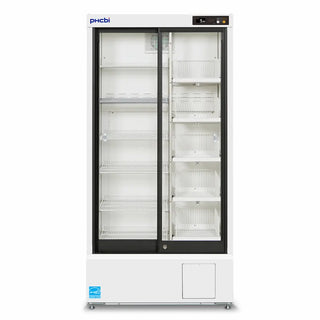 PHCbi sliding glass door pharmaceutical refrigerator with OLED display, forced-air cooling, LED lighting, and insulated dual-pane glass doors