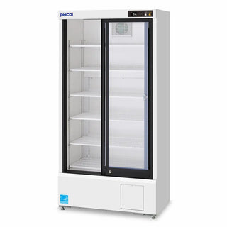 PHCbi sliding glass door pharmaceutical refrigerator with OLED display, forced-air cooling, LED lighting, and insulated dual-pane glass doors