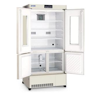 PHCbi MPR-715F-PA pharmaceutical refrigerator with integrated freezer, glass refrigerator doors, independent cooling systems, and LED temperature display