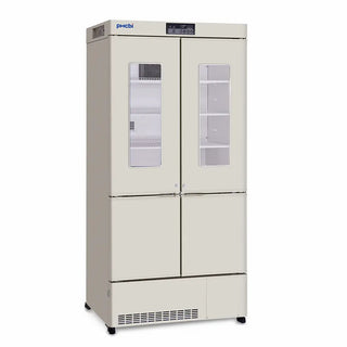 PHCbi MPR-715F-PA pharmaceutical refrigerator with integrated freezer, glass refrigerator doors, independent cooling systems, and LED temperature display