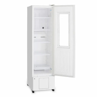 PHCbi MPR-N200H-PA pharmaceutical refrigerator with insulated swing glass door, OLED display, forced air cooling, and 218L capacity