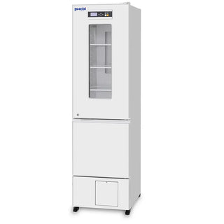PHCbi pharmaceutical refrigerator with integrated -30°C freezer, OLED display, independent cooling systems, and compact laboratory storage