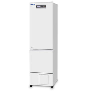 PHCbi pharmaceutical refrigerator with integrated -30°C freezer, OLED display, independent cooling systems, and compact laboratory storage