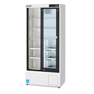 PHCbi MPR-S300H-PA pharmaceutical refrigerator with insulated sliding glass doors, OLED display, forced-air cooling, and 345L capacity