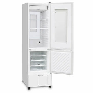 PHCbi pharmaceutical refrigerator with integrated -30°C freezer, OLED display, independent cooling systems, and compact laboratory storage
